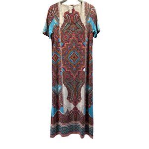 Chicos Womens Maxi Dress Small Short Sleeve Long Colorful Slinky Side Slits 14"